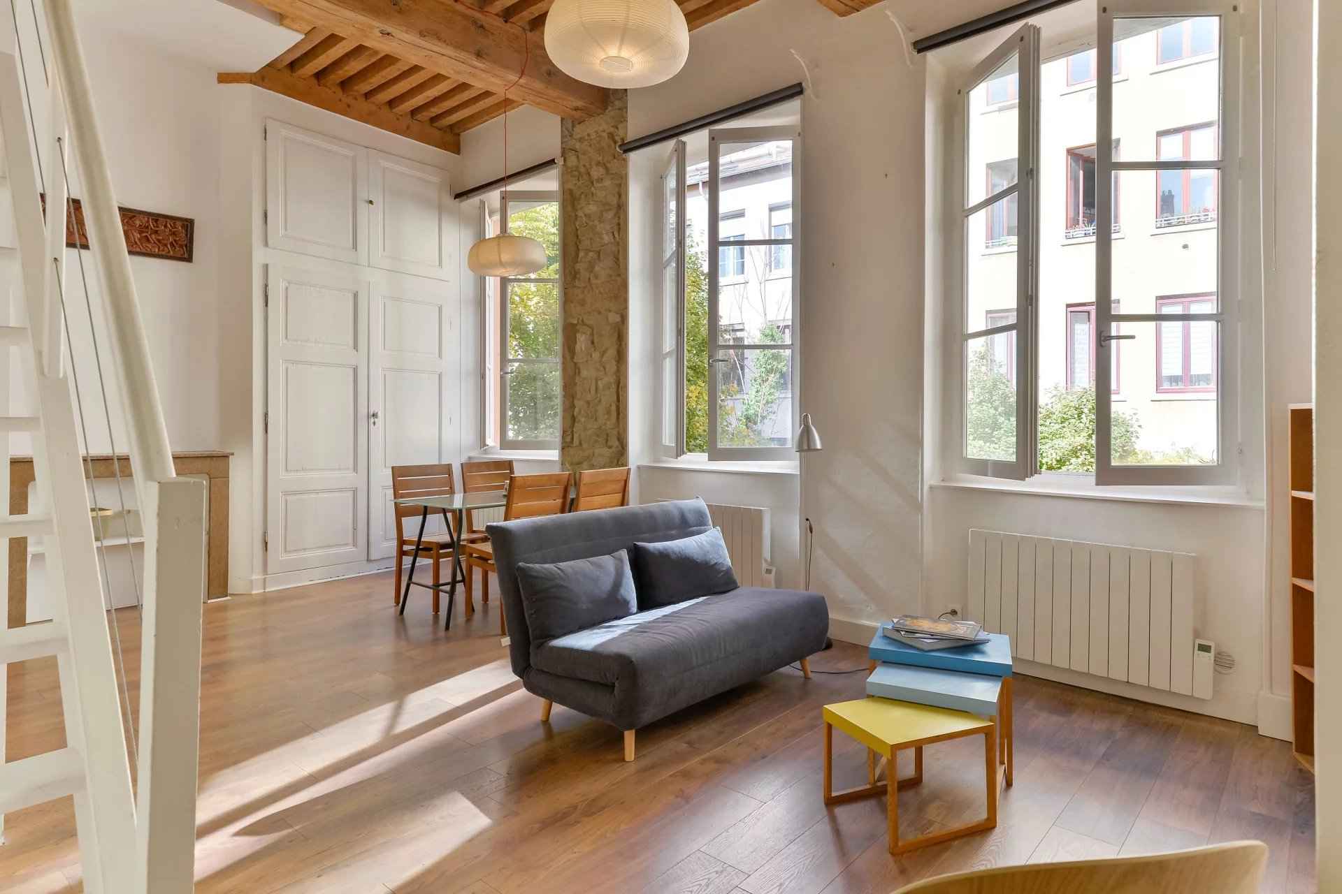 Appartement - Barnes Lyon, agence immobilière de prestige, salon d'un appartement de 42,55 m² aux pentes de la Croix Rousse à Lyon
